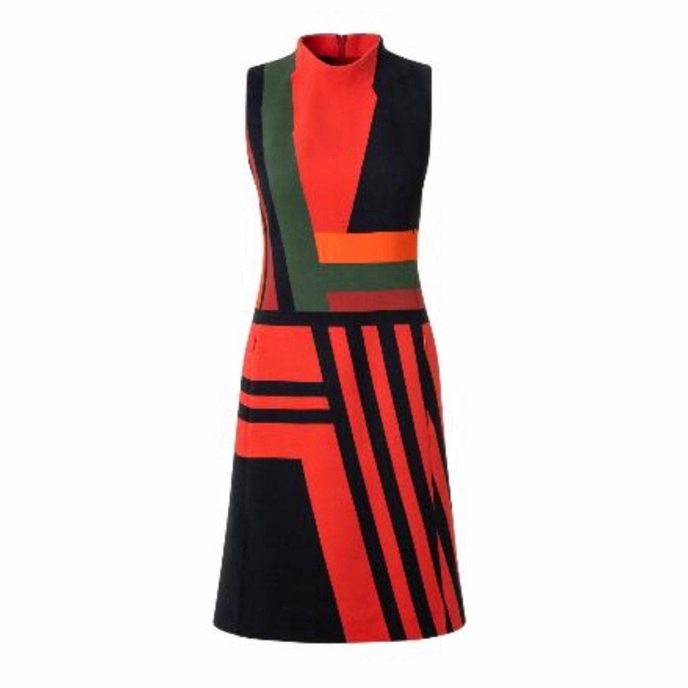 Akris 100 Years 70s Mod Trapezoid Stripe Print Wool Dress Orange 12